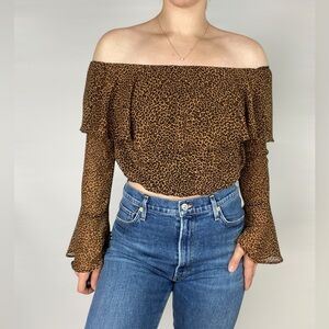 SHOW‎ ME YOUR MUMU Love Spell Leopard Off The Shoulder Long Sleeve Blouse